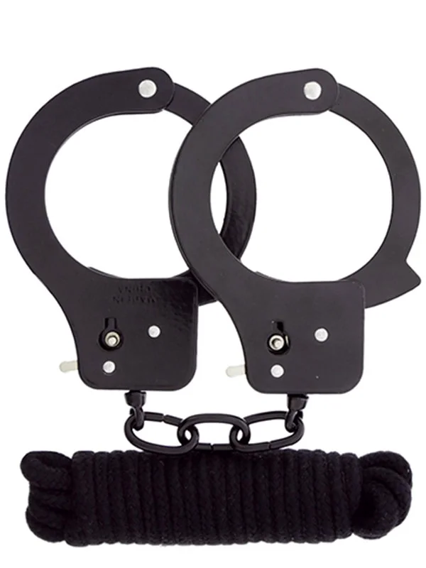 Metal Kelepçe ve Bondage İp Esaret Seti Siyah